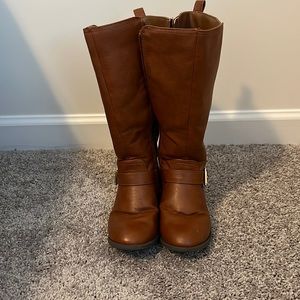 Girls brown knee high boots with gold trim
